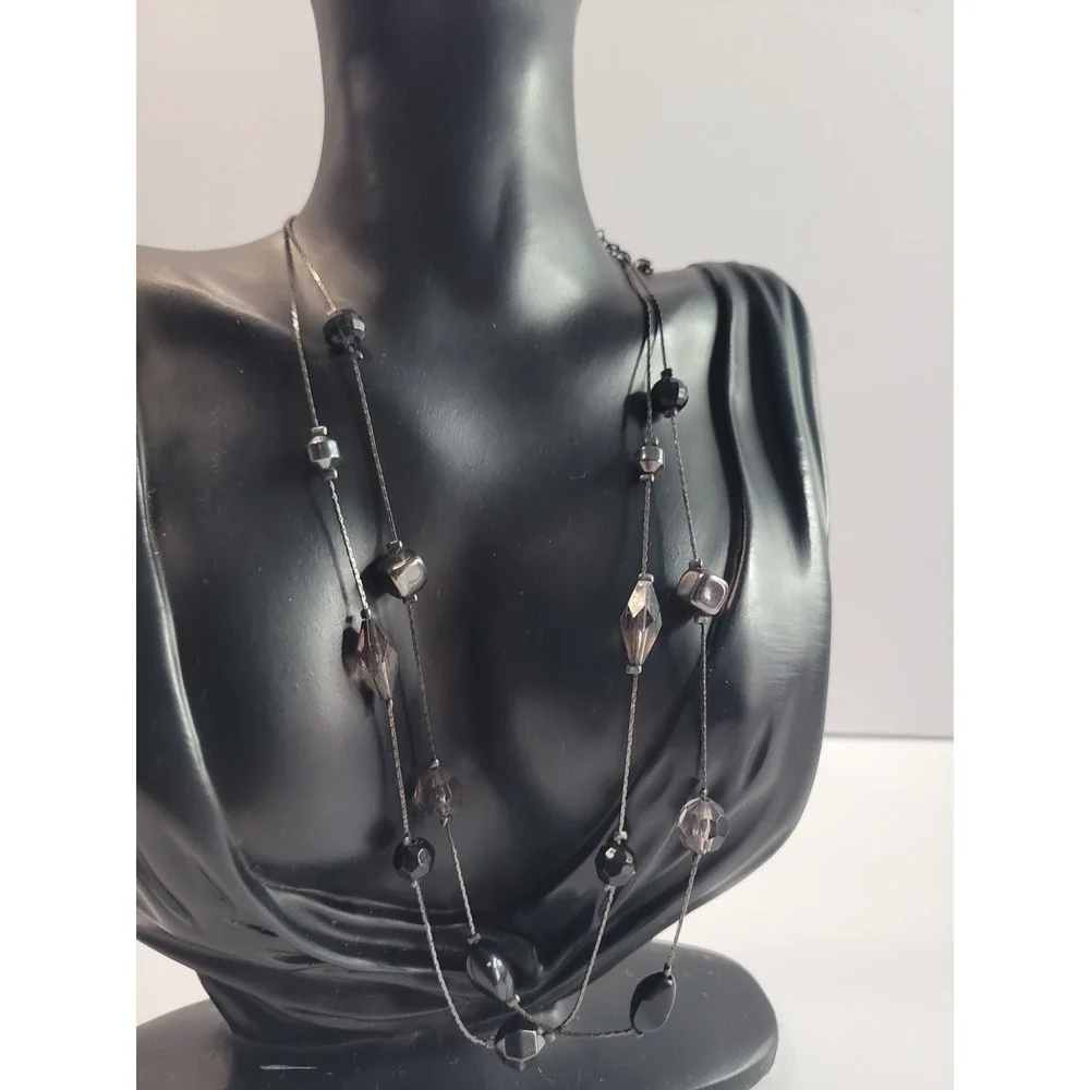 Premier Designs Black Gray Double Strand Beaded Necklace Faceted Geometric